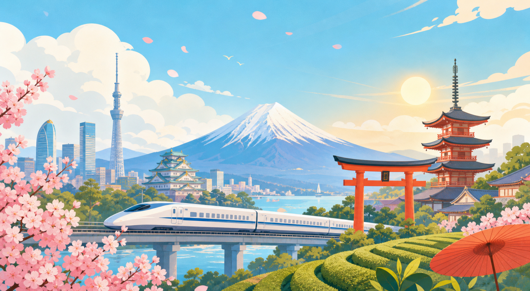 富士山、新干线、樱花、鸟居和日本城市风景插画
